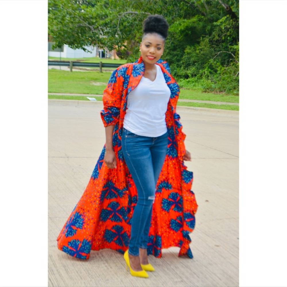 Long vibrant African print duster w/puffy sleeves